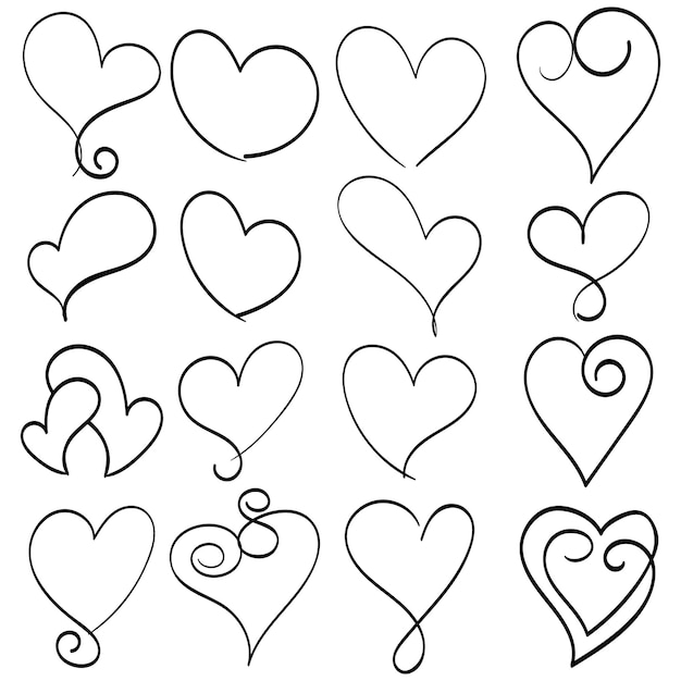 Ilustración vectorial dibujada a mano caligrafía florecida juego de corazones vintage