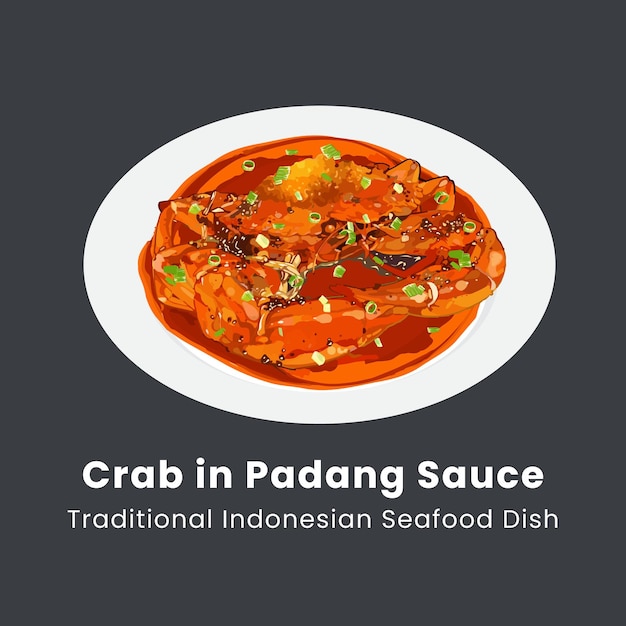 Ilustración vectorial dibujada a mano de cangrejo en salsa padang o salsa kepiting comida indonesia padang