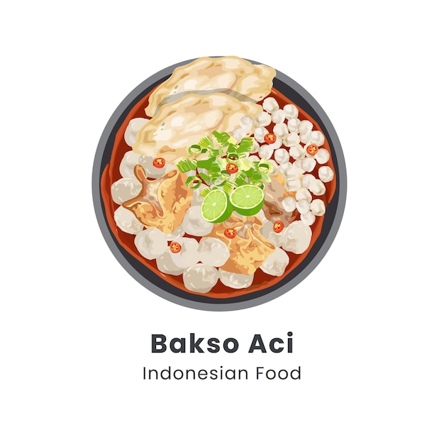 Ilustración vectorial dibujada a mano de la comida tradicional Bakso Aci de Indonesia