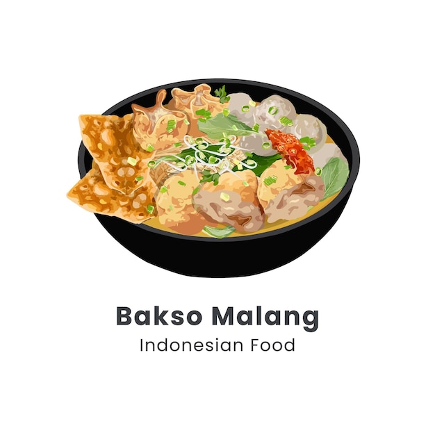 Ilustración vectorial dibujada a mano de la comida tradicional indonesia Bakso Malang