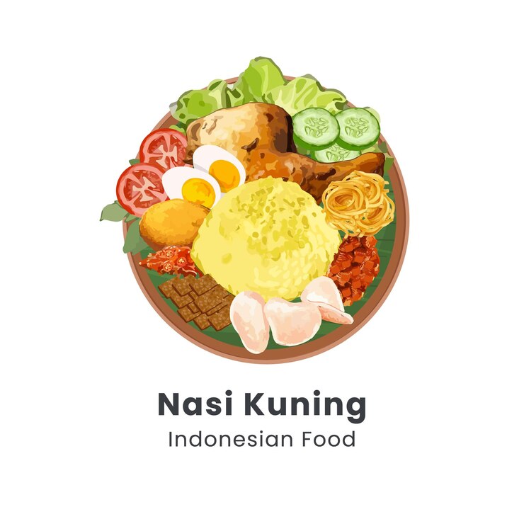 Vector ilustración vectorial dibujada a mano de la comida tradicional indonesia nasi kuning