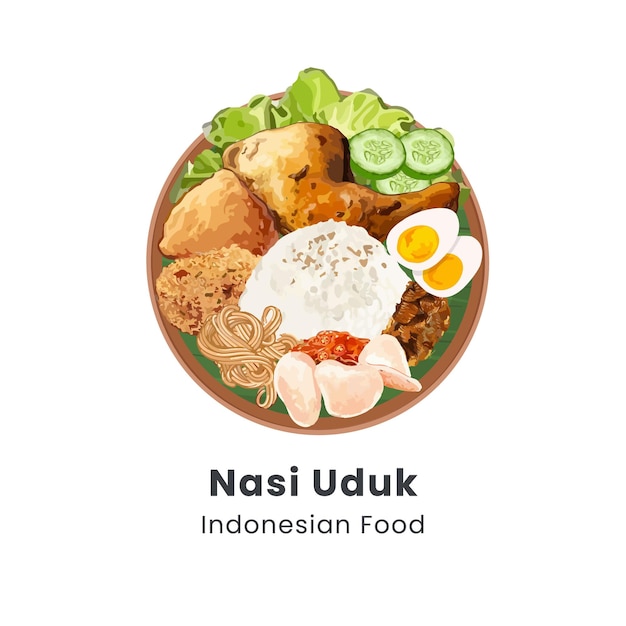 Ilustración vectorial dibujada a mano de la comida tradicional indonesia nasi uduk