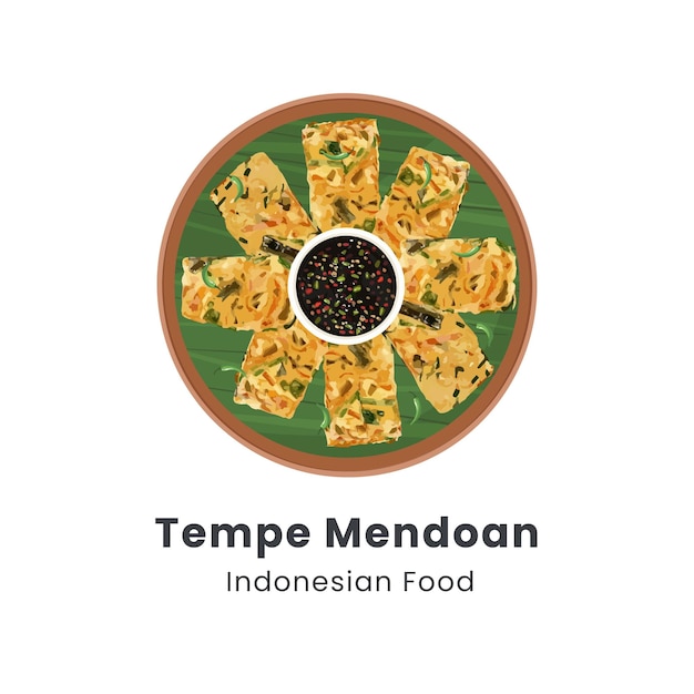 Ilustración vectorial dibujada a mano de la comida tradicional indonesia del tempe mendoan