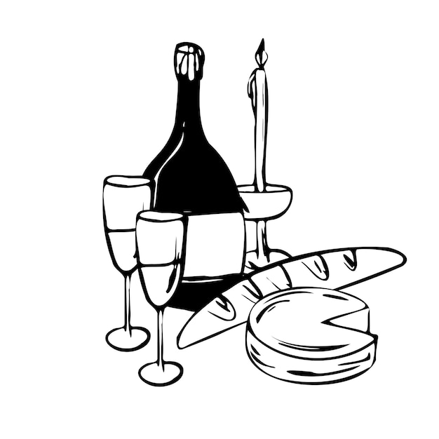 Ilustración vectorial dibujada a mano de la composición de la cena con una botella dos copas de vino un pan de vela