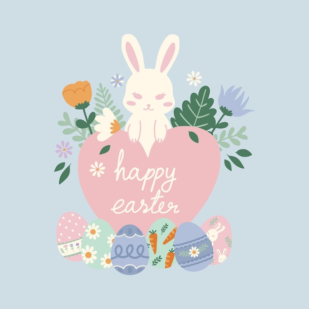 Ilustración vectorial dibujada a mano de conejos blancos de Pascua con corazón y flores en pastel