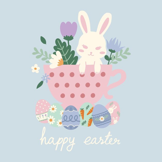 Ilustración vectorial dibujada a mano de conejos blancos de Pascua en una taza con flores en concepto pastel