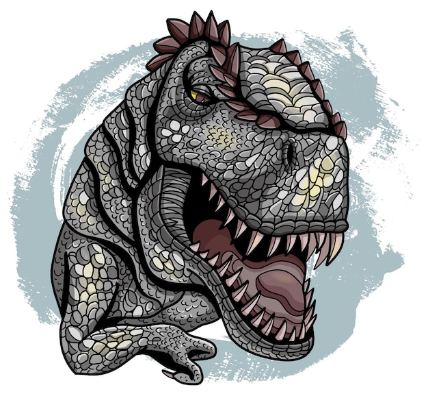 Ilustración vectorial dibujada a mano con un dinosaurio rex rugiente con colmillos y boca abierta