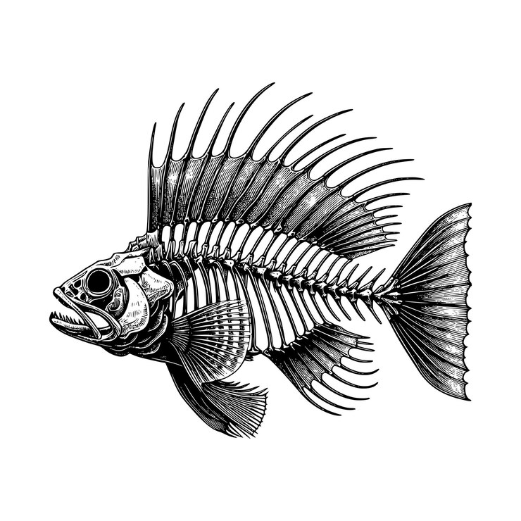 Ilustración vectorial dibujada a mano del esqueleto de pez en blanco y negro