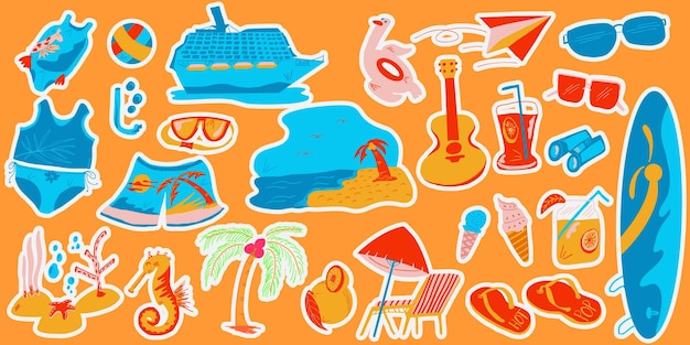 Ilustración vectorial dibujada a mano, etiquetas temáticas de verano, logotipos y etiquetas perfectas para sus proyectos inspirados en la playa y el sol de vacaciones. Las vibraciones tropicales y los elementos divertidos mejoran sus diseños.