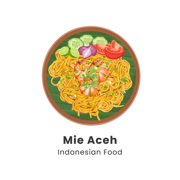 Ilustración vectorial dibujada a mano de los fideos fritos tradicionales de Mie Aceh de Aceh, Indonesia