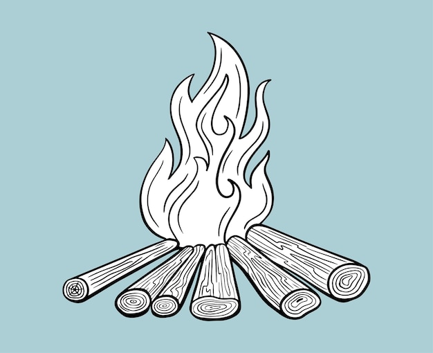 Ilustración vectorial dibujada a mano del fuego de campamento que quema la llama de la leña aislada