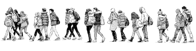 Ilustración vectorial dibujada a mano de un grupo de escolares adolescentes con mochilas caminando en la multitud