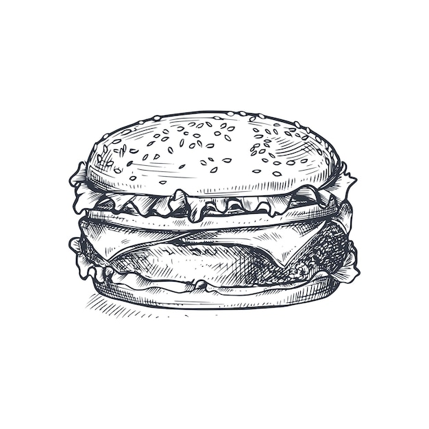 Ilustración vectorial dibujada a mano de hamburguesa en estilo boceto comida tradicional americana