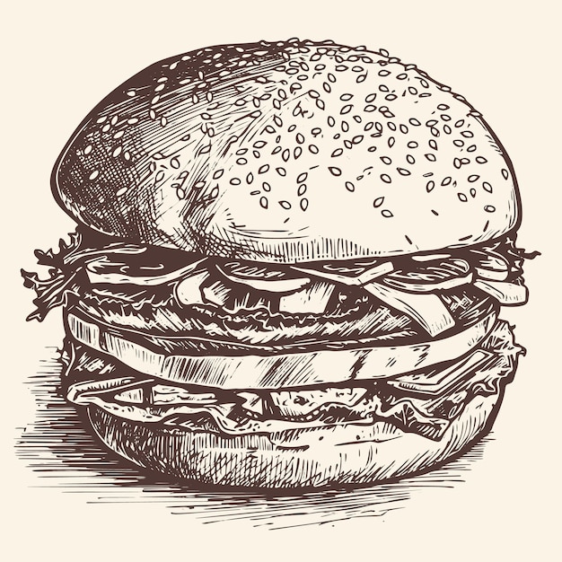 Vector ilustración vectorial dibujada a mano de una hamburguesa grande hecha en un estilo de boceto retro