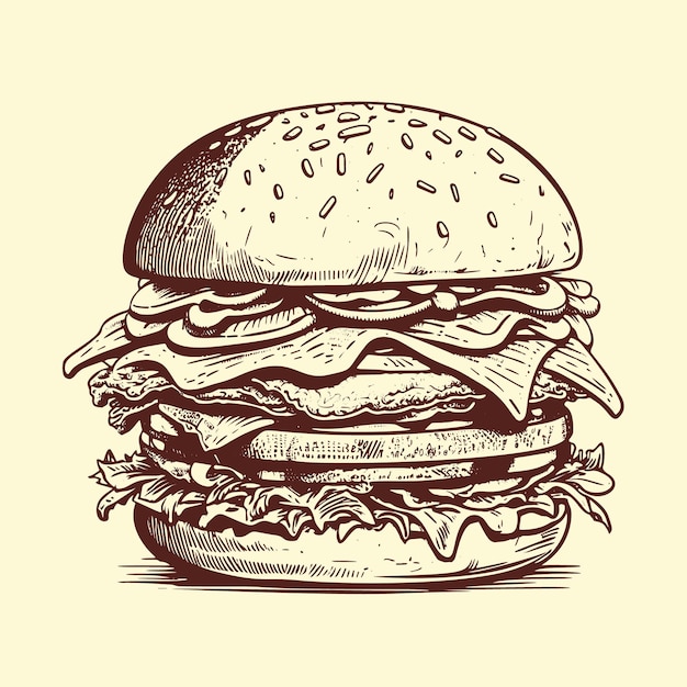 Ilustración vectorial dibujada a mano de una hamburguesa grande hecha en un estilo de boceto retro