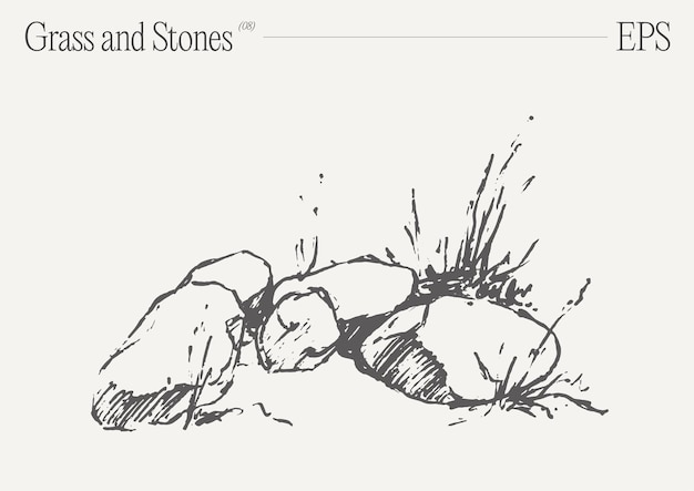Ilustración vectorial dibujada a mano de hierba y rocas en un fondo en blanco boceto aislado