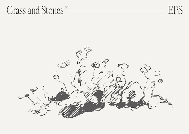 Ilustración vectorial dibujada a mano de hierba y rocas en un fondo en blanco boceto aislado