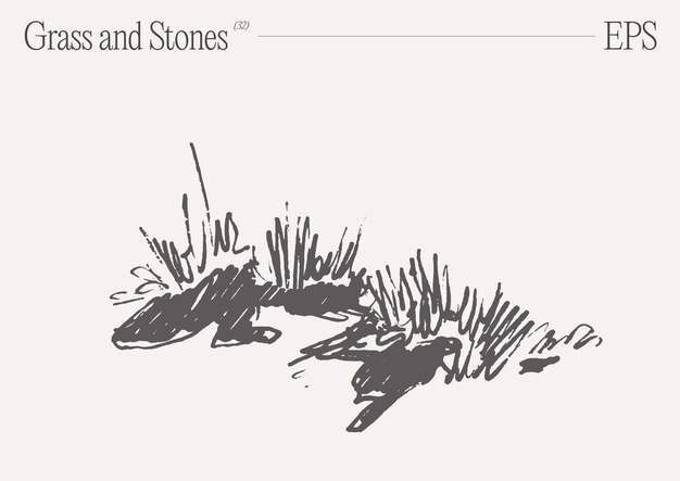 Ilustración vectorial dibujada a mano de hierba y rocas en un fondo en blanco boceto aislado