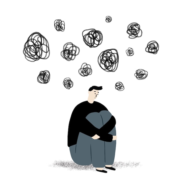 Ilustración vectorial dibujada a mano del hombre triste sentado en el suelo con una burbuja confusa en la cabeza
