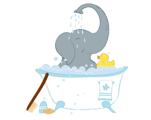 Vector ilustración vectorial dibujada a mano con un lindo bebé elefante en la ducha de baño celebrando