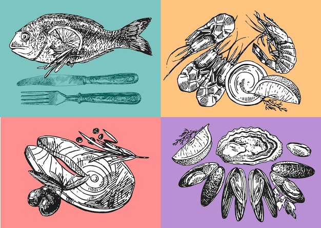 Ilustración vectorial dibujada a mano marisco Estilo de dibujo vintage Bueno para el menú y