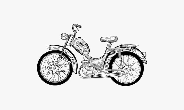 Vector ilustración vectorial dibujada a mano motocicleta dibujada aislada sobre fondo blanco arte de la moda de línea negra para impresión de camiseta o tatuaje temporal icono de grabado de motocicleta motor byke