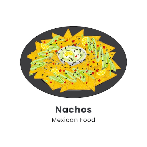 Ilustración vectorial dibujada a mano de Nachos en un plato con chile de queso y salsas de guacamole