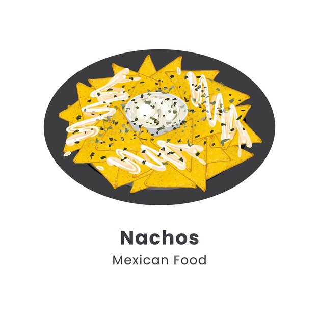 Ilustración vectorial dibujada a mano de Nachos en un plato con chile de queso y salsas de guacamole