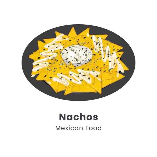 Vector ilustración vectorial dibujada a mano de nachos en un plato con chile de queso y salsas de guacamole