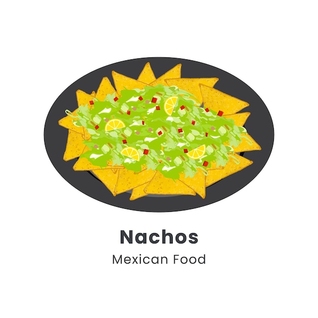 Vector ilustración vectorial dibujada a mano de nachos en un plato con chile de queso y salsas de guacamole