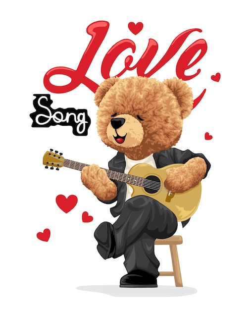 Ilustración vectorial dibujada a mano del oso de peluche sentado en una silla mientras toca la guitarra y canta