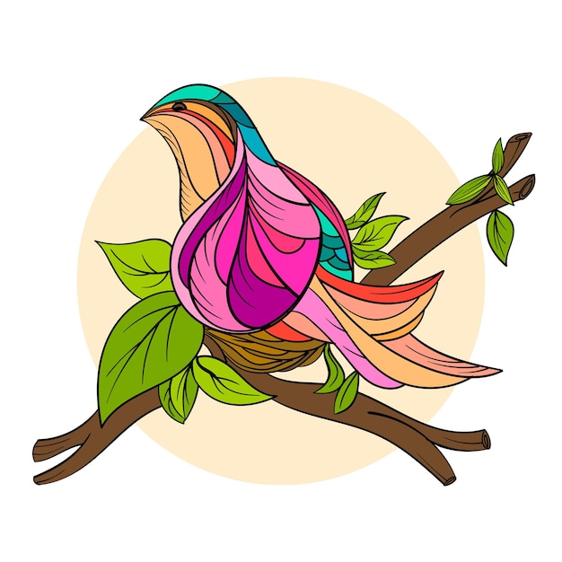 Ilustración vectorial dibujada a mano de un pájaro colorido sentado en una rama