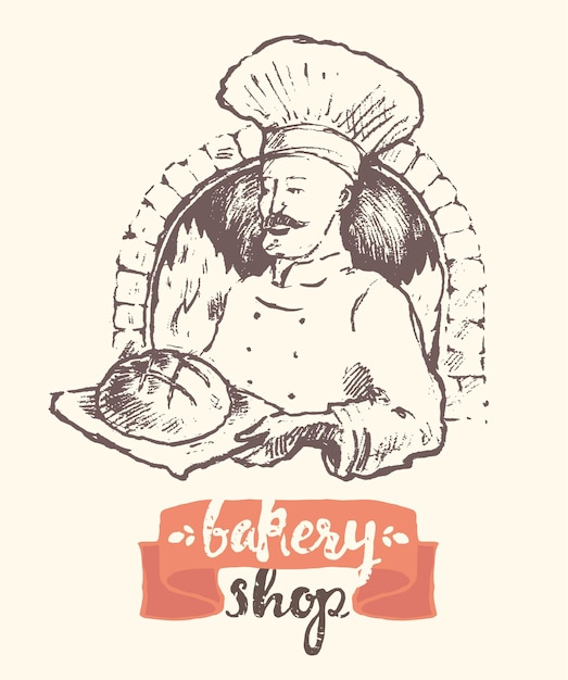 Ilustración vectorial dibujada a mano de un panadero, plantilla de panadería, boceto