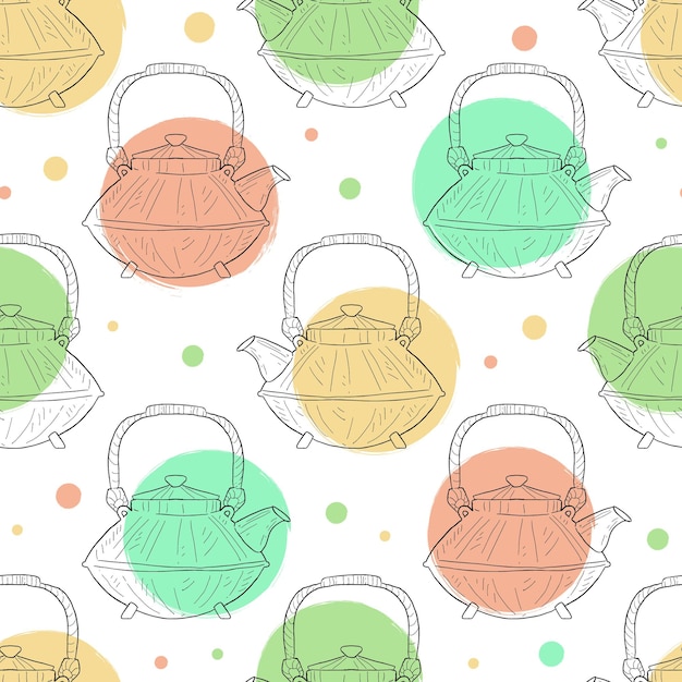 Ilustración vectorial dibujada a mano con un patrón sin costura de tetera de cerámica japonesa