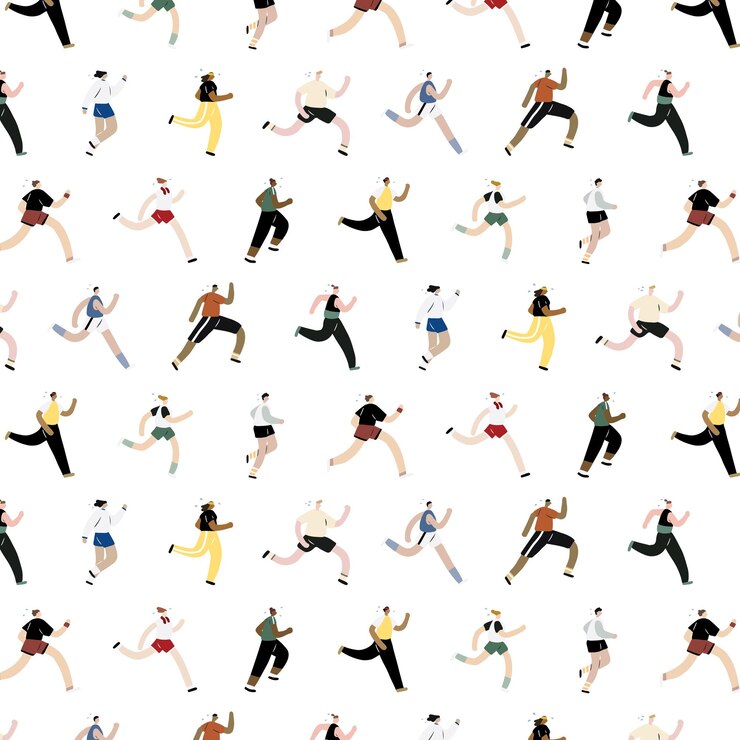 Ilustración vectorial dibujada a mano del patrón de personas corriendo y trotando