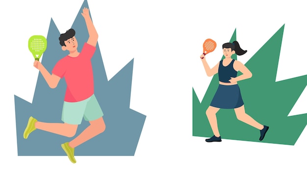 Ilustración vectorial dibujada a mano de un personaje de padel de dos jugadores en una postura de acción dinámica