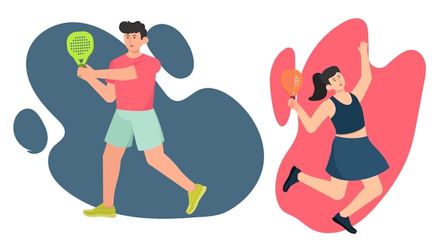 Ilustración vectorial dibujada a mano de un personaje de padel de dos jugadores en una postura de acción dinámica