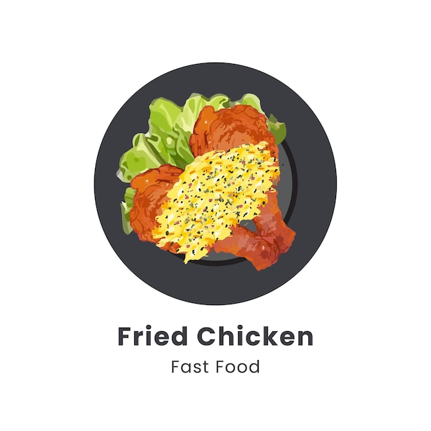 Ilustración vectorial dibujada a mano de pollo frito crujiente en un plato