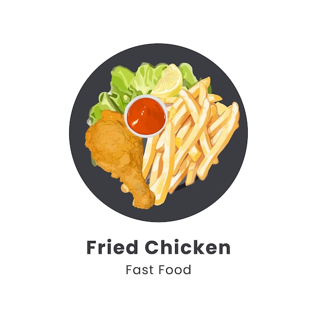 Ilustración vectorial dibujada a mano de pollo frito crujiente en un plato