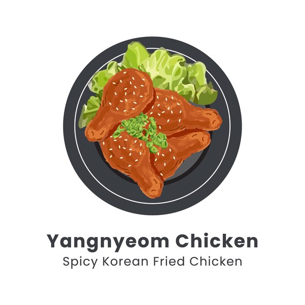 Ilustración vectorial dibujada a mano del pollo Yangnyeom y el pollo picante coreano frito