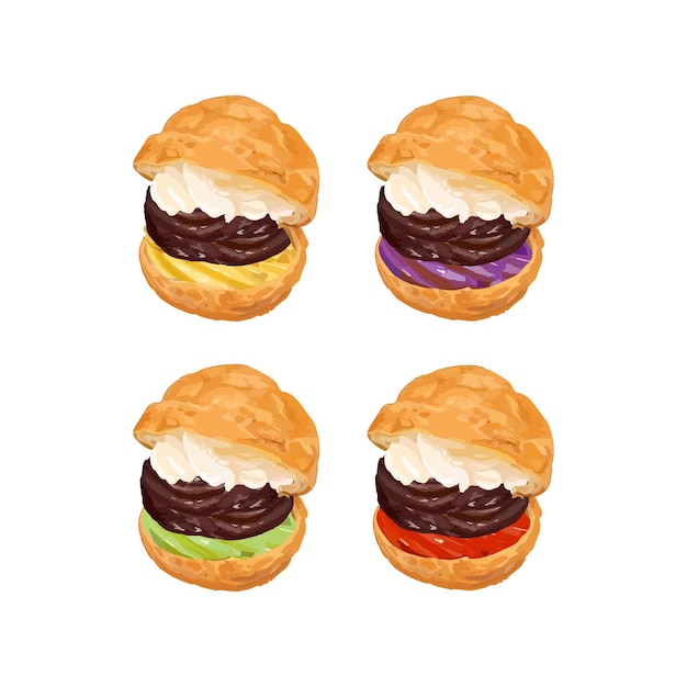 Vector ilustración vectorial dibujada a mano del postre de crema de pastel choux