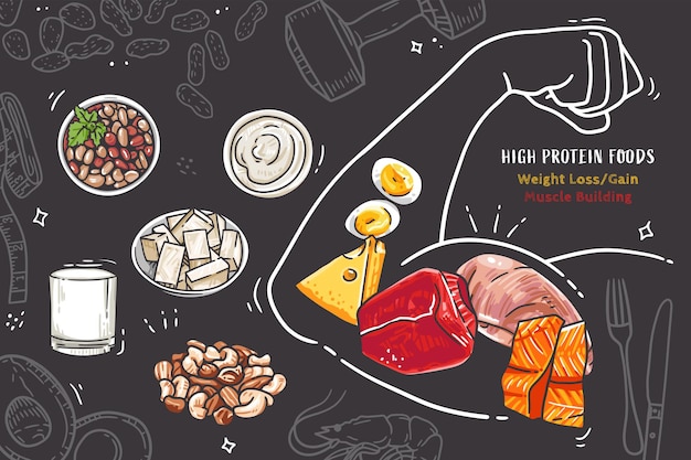 Una ilustración vectorial dibujada a mano que muestra una variedad de alimentos ricos en proteínas