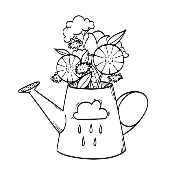 Ilustración vectorial dibujada a mano de un ramo en un jarro de riego