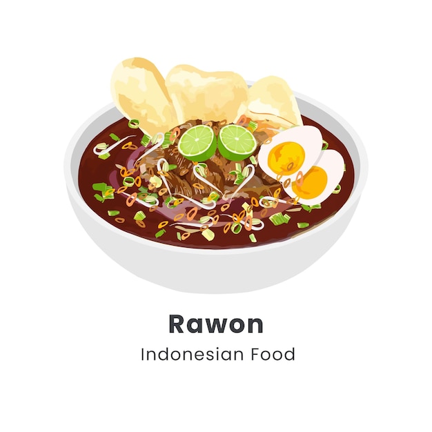 Ilustración vectorial dibujada a mano de Rawon o sopa de carne negra indonesia