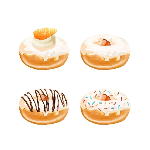 Ilustración vectorial dibujada a mano de rosquillas con esmaltes de colores y salpicaduras de colores