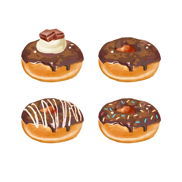 Ilustración vectorial dibujada a mano de rosquillas con esmaltes de colores y salpicaduras de colores