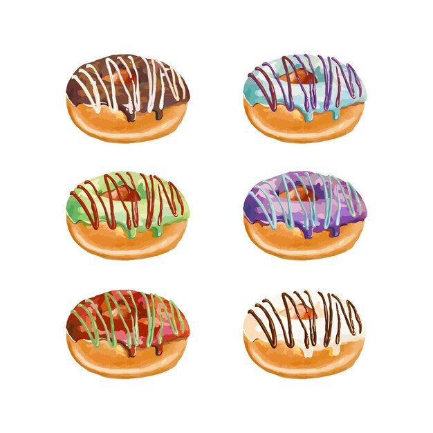 Ilustración vectorial dibujada a mano de rosquillas con esmaltes de colores y salpicaduras de colores