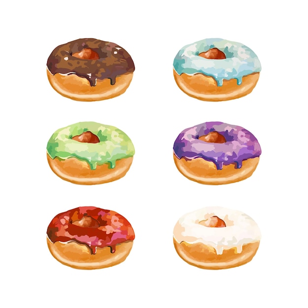 Ilustración vectorial dibujada a mano de rosquillas con esmaltes de colores y salpicaduras de colores