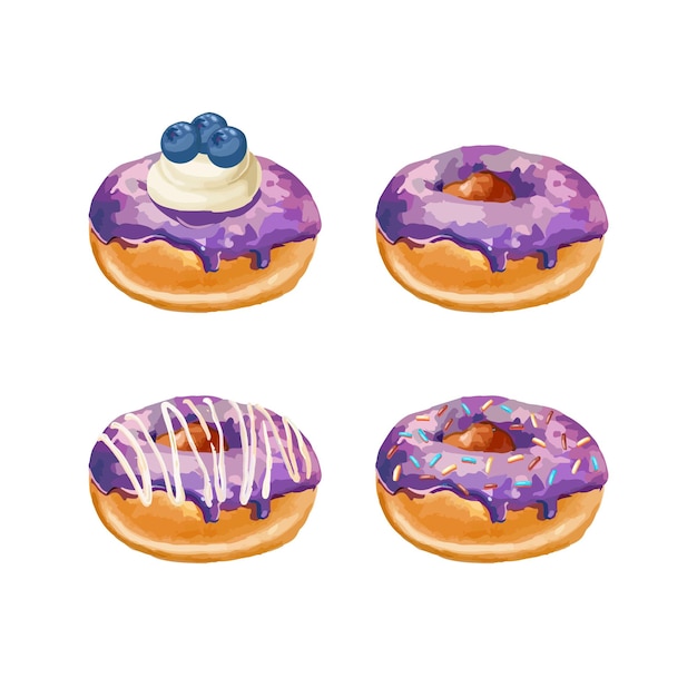 Ilustración vectorial dibujada a mano de rosquillas con esmaltes de colores y salpicaduras de colores