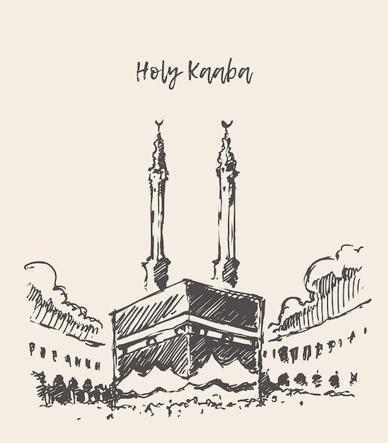 Ilustración vectorial dibujada a mano de la Sagrada Kaaba en La Meca Arabia Saudita